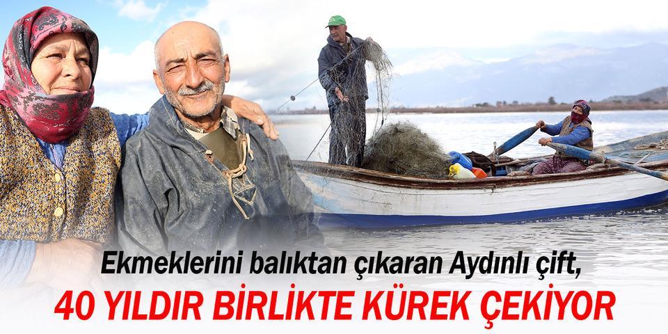 Aydın'ın Söke ilçesinde 65 yıla ulaşan ömürlerinin 40 yılını birlikte geçiren Ayşe ve Mehmet Özbaşı çifti, ilerleyen yaşlarına rağmen kayıkla açıldıkları Bafa Gölü'nde balık avlamayı sürdürüyor.  ( Ferdi Uzun - Anadolu Ajansı )