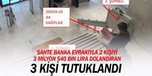 İzmir'de sahte banka evrakıyla iş ortağı ve arazi alımı için görüştüğü bir kişinin 3 milyon 540 bin lirasını dolandıran şüpheli ile sahte evrakları hazırlayıp bastıkları suçlamasıyla yakalanan iki kişi tutuklandı. ( İzmir İl Emniyet Müdürlüğü - Anadolu Ajansı )