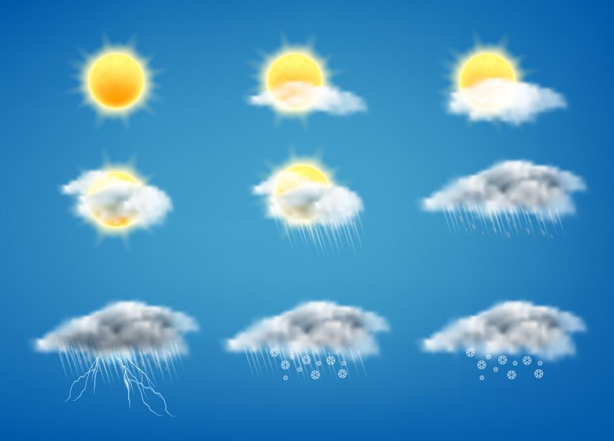 Vector realistic set of weather forecast icons for web interfaces or mobile apps, isolated on blue background. Meteorology symbols clipart, sunny day, gray clouds with rain, storm with lightning, snow�